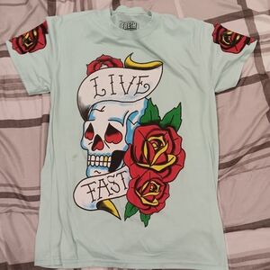 Mint Green Men's Tee with Skull and Roses